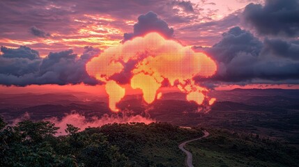 Poster - seamless global connectivity concept art of glowing cloud trails across world map