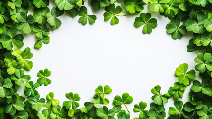 Vibrant green clover leaves framing a white clean background. St. Patrick’s Day. Copy space. Generative AI