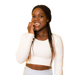 Wall Mural - Young nervous African woman standing isolated over transparent background. PNG transparent.