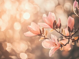 Wall Mural - Magnolia Blossom Sunrise: Delicate pink magnolia blossoms bathed in the warm glow of sunrise, their petals softly illuminated, creating a serene and beautiful image. 