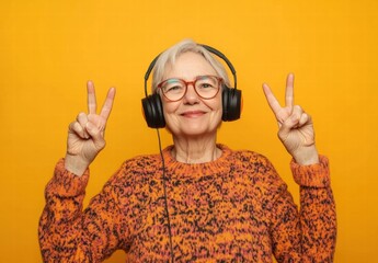 Wall Mural - A woman wearing glasses and headphones is smiling and making peace signs