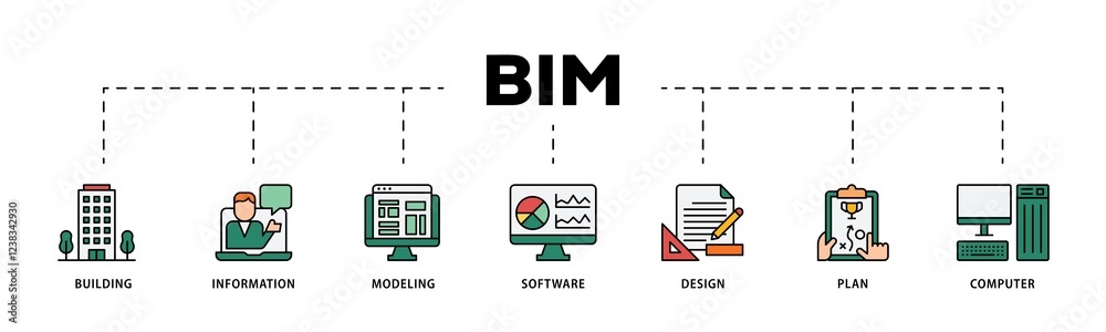 BIM infographic icons flow process which consists of building ...