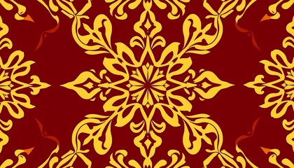 Poster - Abstract Red and Gold Floral Damask Pattern Design