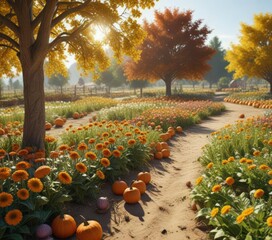 sunny day at pumpkin patch with flowers and trees, flowers, trees