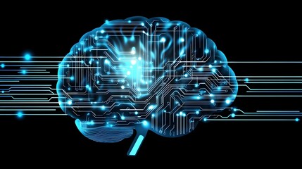 Poster - Abstract Digital Brain Circuitry Glowing Blue Lines Technology Neural Network Artificial Intelligence Futuristic Concept Background Design            