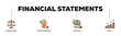 © Juaran - Financial statements infographic icons flow process which consists of graph, balance sheet, pie chart, income statements, money, calculator, income, earningicon live stroke and easy to edit .