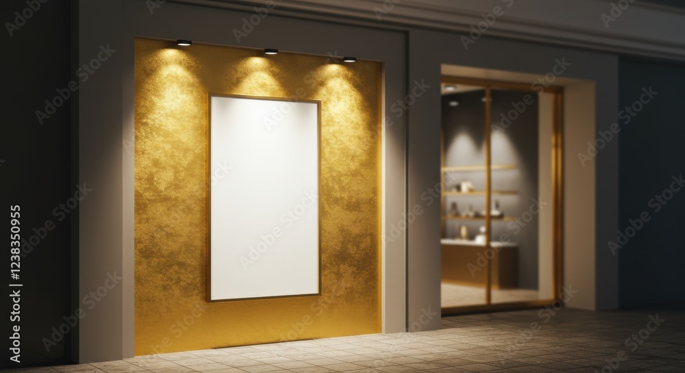 Gold Storefront Design Sophisticated storefront featuring a blank horizontal poster on ...