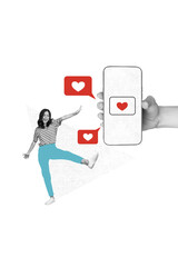 Leinwandbilder - Vertical photo collage advertisement famous blogging dance woman matches feelings online heart icon isolated on pink color background