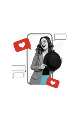 Poster - Vertical collage of excited black white effect girl smart phone display receive like notification dialogue bubble isolated on beige background