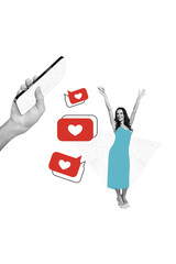 Poster - Exclusive picture collage image of funny carefree lady enjoying social media popularity isolated creative background