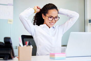 Leinwandbilder - Planning, laptop and business woman in office for working online, brainstorming ideas and administration. Professional, corporate and happy person on computer for website, internet and research