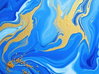 Wall Mural - Swirling liquid blue brush strokes with golden accents and a sprinkle of glitter create a mesmerizing background for a abstract art piece, color gradient, glitter, layered paint