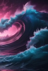 Wall Mural - Swirling ocean waves in shades of blue and pink neon on a dark mysterious background, moody, night scene