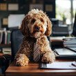 © Wittawit - dog wearing tie sits at cluttered desk, exuding professional vibe in office setting. scene captures playful yet serious atmosphere, perfect for lighthearted work environment
