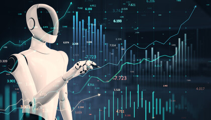 Aufkleber - Robot analyzing financial charts and graphs in digital space. 3D Rendering