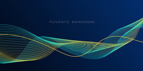 Wall Mural - Abstract glowing wave lines on dark blue background. Dynamic wave pattern. Modern flowing wavy lines. Futuristic technology concept.