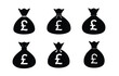 © Tamanna - Six simple, black silhouette icons of money bags, each filled with the pound sterling symbol (£).
