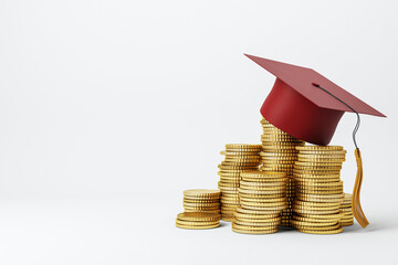 Poster - Graduation Cap on Stacked Gold Coins, Symbolizing Education Investment. 3D Rendering