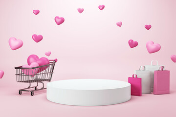 Aufkleber - Valentines Day themed scene with shopping cart, pink hearts, and white podium on light pink background. 3D Rendering