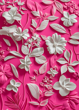 pattern design with a hot pink background, featuring white flowers and leaves