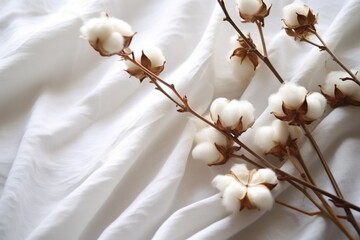 Poster - Fresh White Cotton Flowers on Soft White Fabric with Delicate Textures and Natural Elegance for Creative Projects and Backgrounds