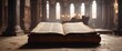 © สิริวุฒิ นาคโคตร - The altar in an abandoned church is shrouded in dust, with an old, leather-bound book lying open, yellowed pages, forgotten knowledge, aged paper