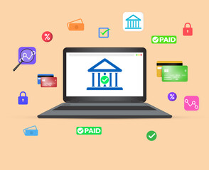 Poster - Digital banking and online payment concept on the laptop screen with floating signs, business and finance payment transfer concept design