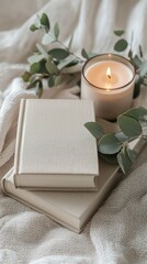 Poster - Soft, neutral tones create a peaceful atmosphere in a reading nook, featuring stacked textured books, a lit candle flickering, and delicate eucalyptus leaves, inviting relaxation and reflection