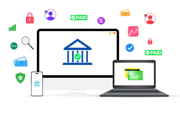 Poster - Modern Digital banking and Online earning concept on the multiple devices, computer, laptop and smartphone. Floating colorful banking symbols around the screen, business and finance background
