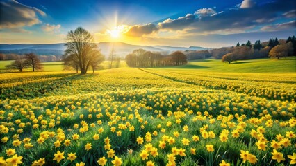 Wall Mural - Aerial View of Daffodil Meadow in Springtime Bloom - Vibrant Yellow Flowers