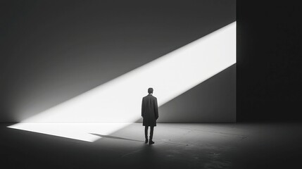 Poster - Distant Silhouettes, a monochromatic exploration of form and shadow, emphasizing minimalist design, open space, and the interplay of light and abstraction.