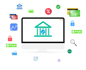 Poster - Online and digital banking concept design with shapes floating around the screen, digital payments concept backdrop.