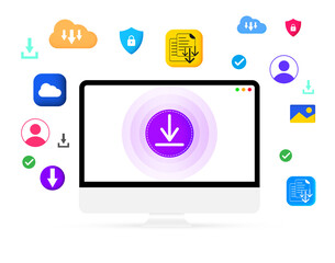 Poster - Online file downloading concept infographics in colorful shapes with Computer screen in the center. Internet downloading concept, modern, file, data, speed