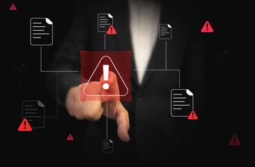 Poster - Person Touching the hacking sign on the screen with files connected background. Hacked files and data, system error, red, alert, warning,
