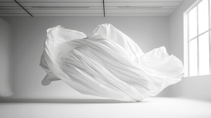 Poster - Floating Monochrome, an ethereal grayscale composition featuring gentle motion, a minimalist backdrop, an uncluttered atmosphere, and an abundance of open space for contemplation