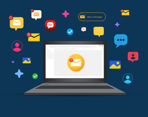 Poster - Unread Message and email notification appearing on the laptop screen with floating shapes around. Modern email notification in colorful design, unread, red