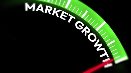 Poster - Maximum market growth concept 4k animation with speedometer needle showing full on green glowing bar
