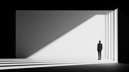 Poster - Noir Reflection, a shadowy monochrome scene exuding a contemplative atmosphere, featuring a minimalist background with a clean and simple setting, allowing for free space.