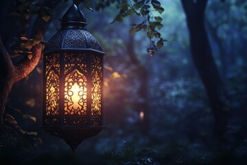 Wall Mural - enchanted forest at night with glowing lantern