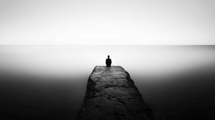 Poster - Whispered Horizon, a subtle grayscale landscape that captures the essence of distance, featuring a minimalist backdrop and serene free space that evokes tranquility.