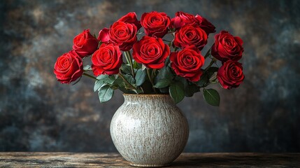 Wall Mural - A vibrant bouquet of red roses in a textured vase against a dark, moody background