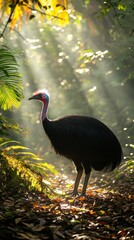 Poster - A striking cassowary wanders through a lush rainforest, surrounded by golden sunlight filtering through vibrant green leaves. The serene atmosphere captures the essence of wildlife