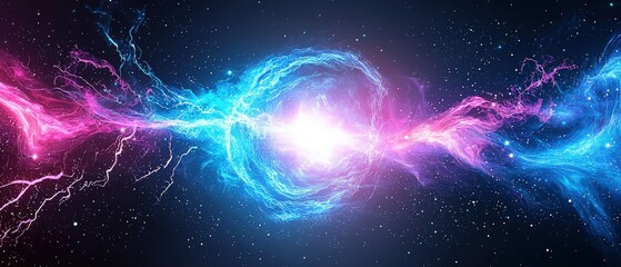 Poster - Futuristic galaxy tunnel with vibrant neon lights, glowing stars, and cosmic energy, set on a clean white background
