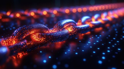 Poster - A vibrant digital chain glowing with neon colors against a dark background, symbolizing connectivity