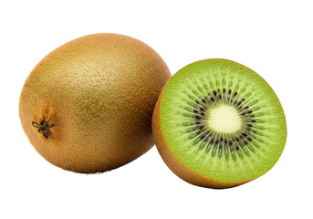 Poster - A whole kiwi and a cut kiwi showing the green flesh, isolated on white background