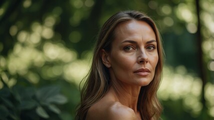 Poster - portrait of a woman in a serene forest setting during daylight showcasing natural beauty and calmnes