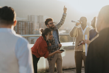 Wall Mural - A group of business colleagues celebrate success by dancing and enjoying music on a high rooftop balcony during sunset, capturing a moment of happiness and camaraderie.