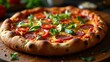 © Valentina - Close-up of a steaming hot pide with golden crust, juicy toppings, and fresh herbs on a wooden background