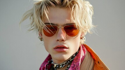 Poster - This striking young man exudes confidence with his tousled blonde hair and eclectic accessories, standing against a softly blurred backdrop that enhances his bold look