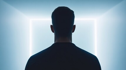 Poster - Person Standing in Front of a Bright Light Box in a Minimalist Setting, Creating an Engaging Atmosphere and Mood